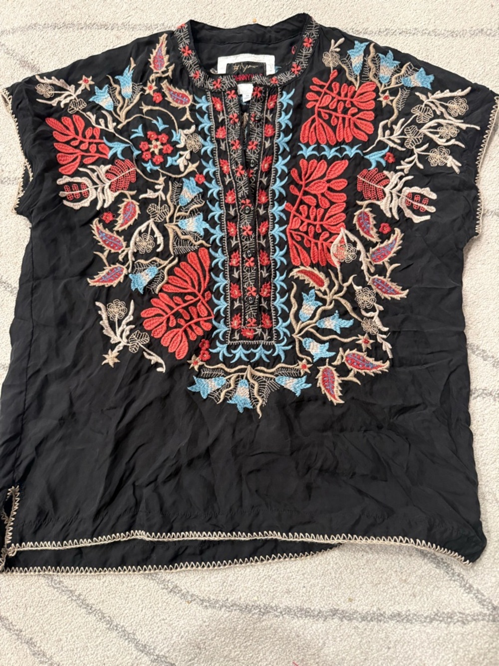 Johnny was Embroidered Black Women's Tunic Top with Red & Blue Floral Accents